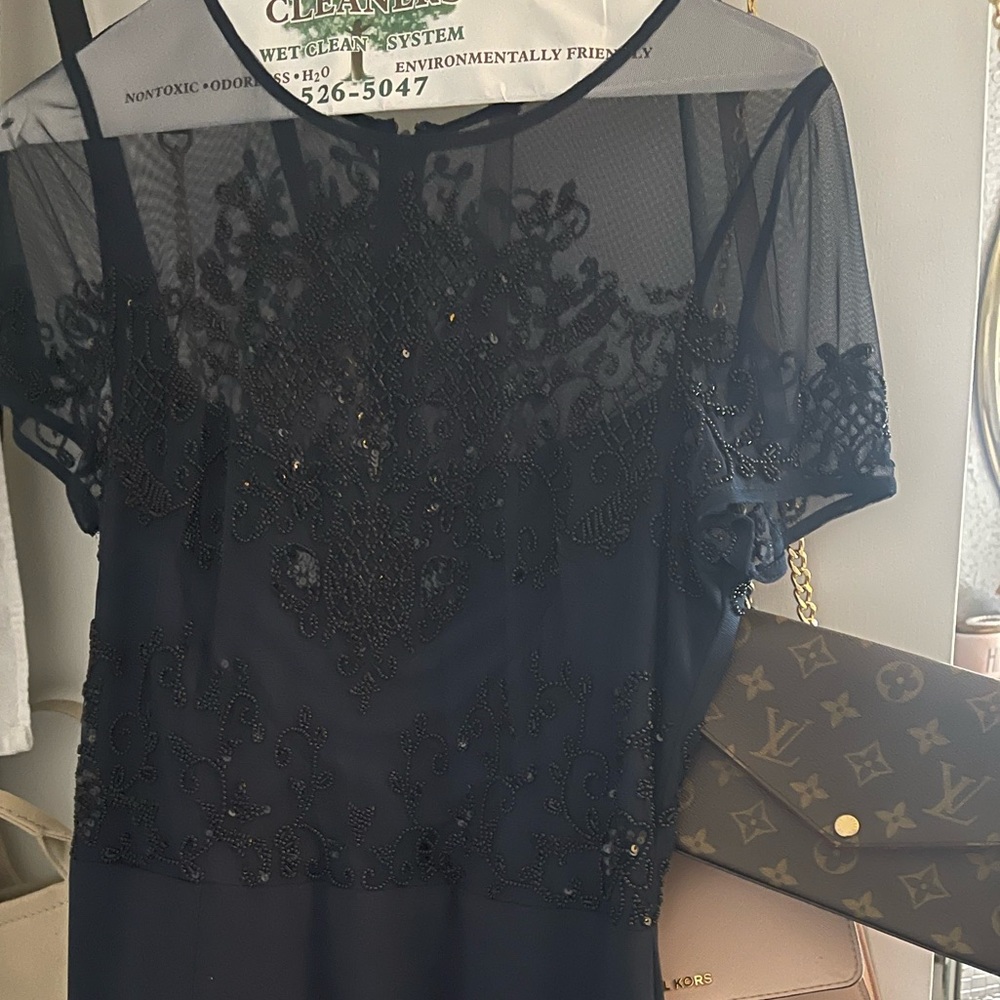 Adrianna Pappel Dress Navy Blue Long with a slit top part has beads and sequins
